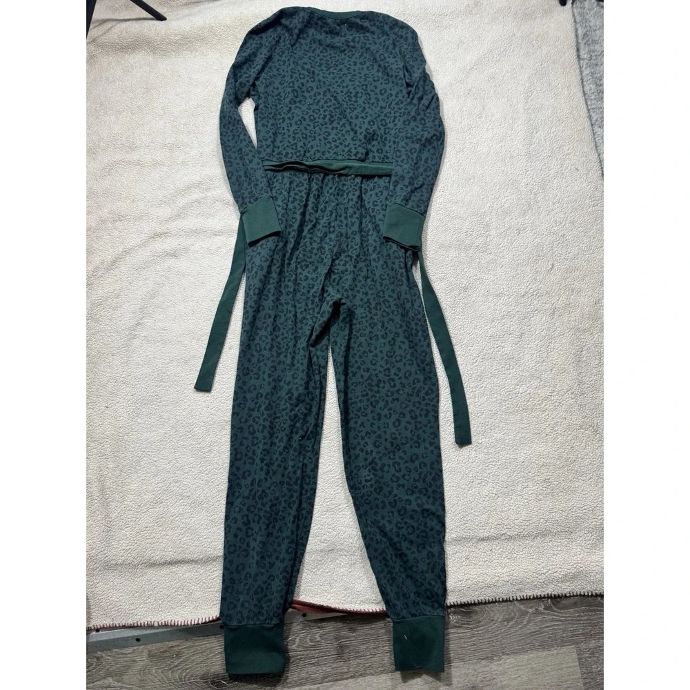 Lani The Label Jumpsuit Womens Small Green Cheetah Print‎ Long Sleeve Waist Tie
